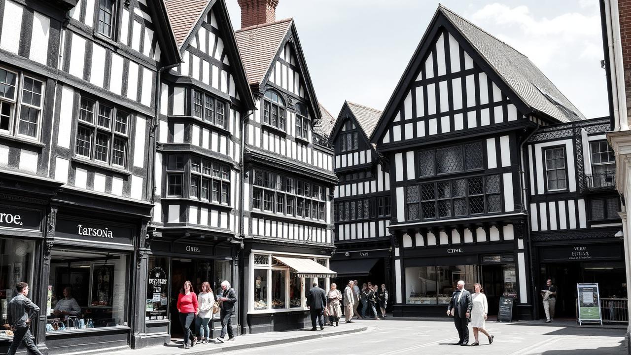 Historic black and white timber-framed buildings in Chester city centre