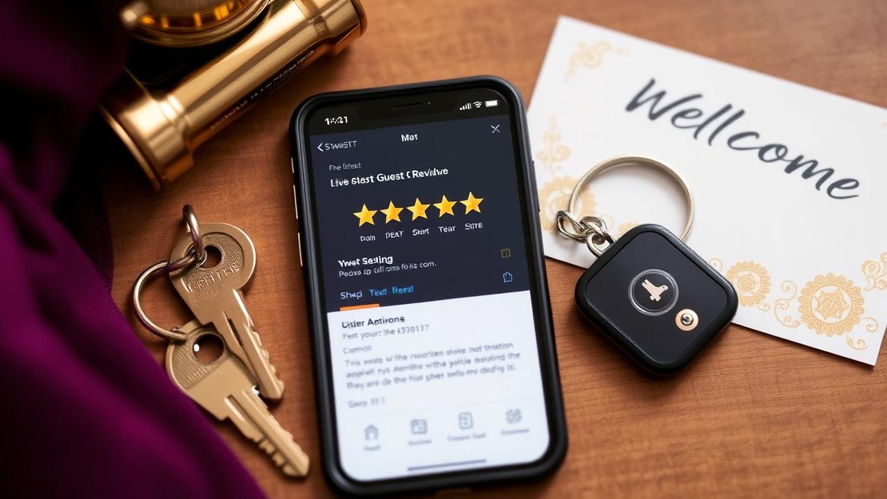 Smartphone showing a five-star guest review beside apartment keys and a welcome card