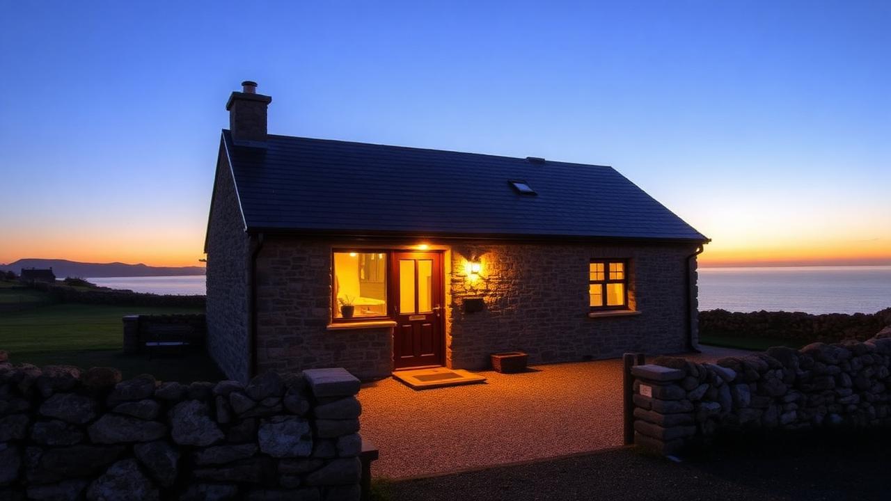 Stone holiday cottage on the North Wales coast at golden hour