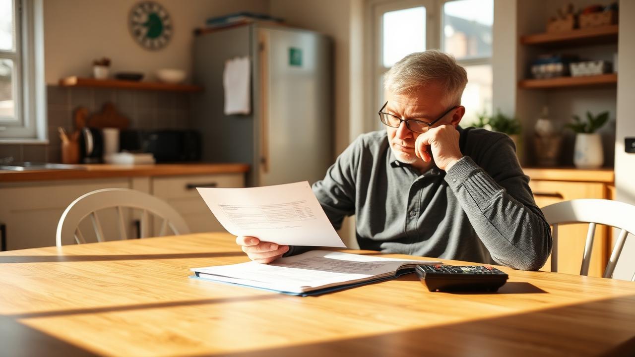 Landlord reviewing property paperwork and a calculator at a kitchen table