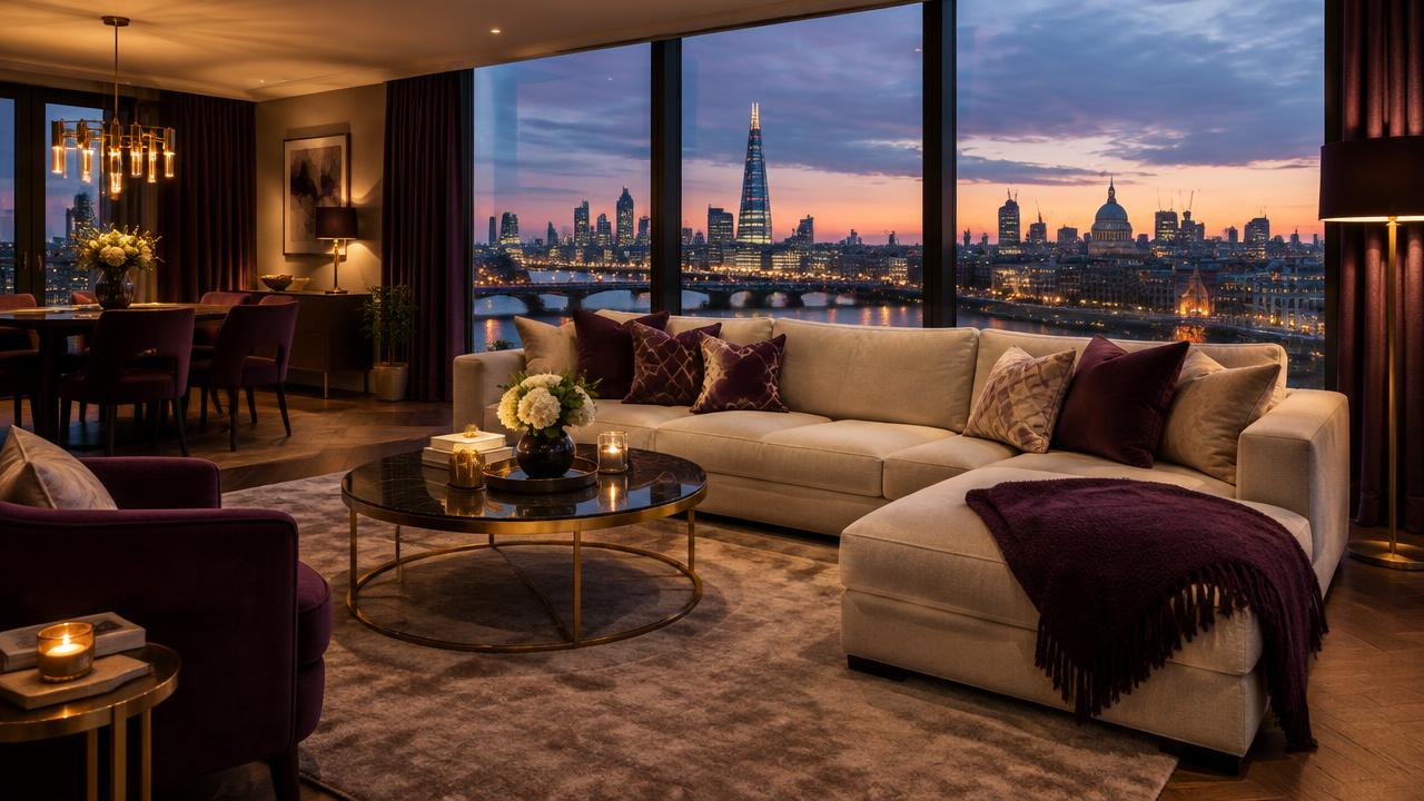 Premium serviced apartment living room at dusk overlooking a glowing English city skyline