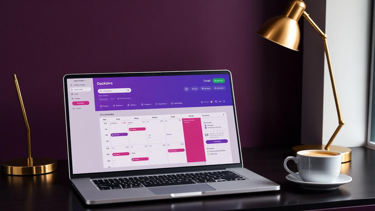 Laptop showing a booking calendar dashboard on a dark desk with a gold lamp