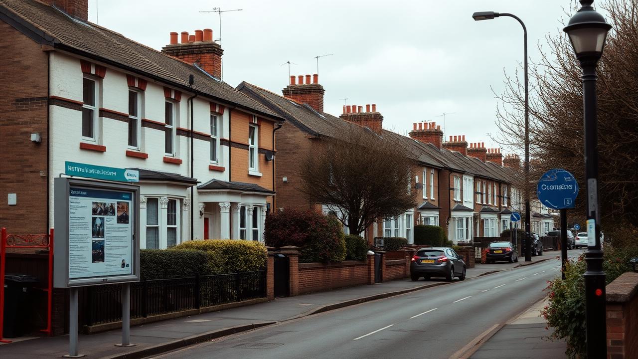 British residential street of terraced houses with a public notice board