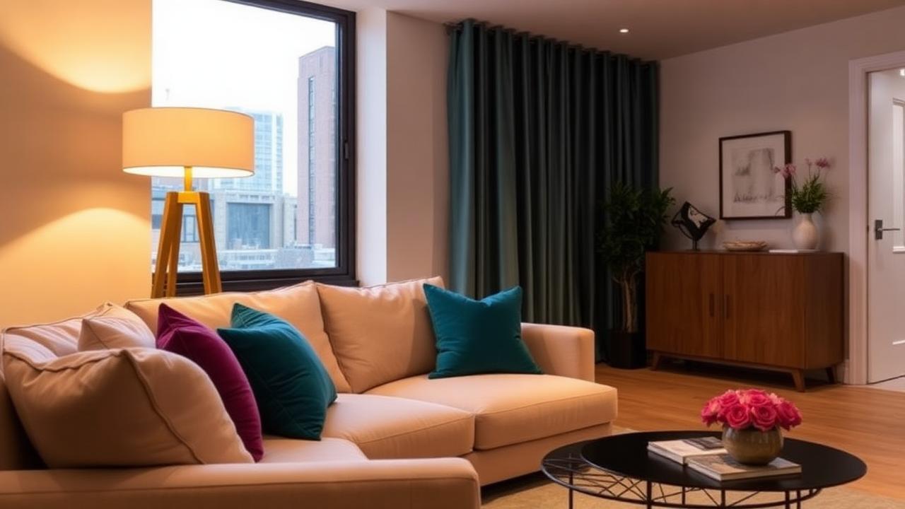 Modern short let apartment living room with warm evening light