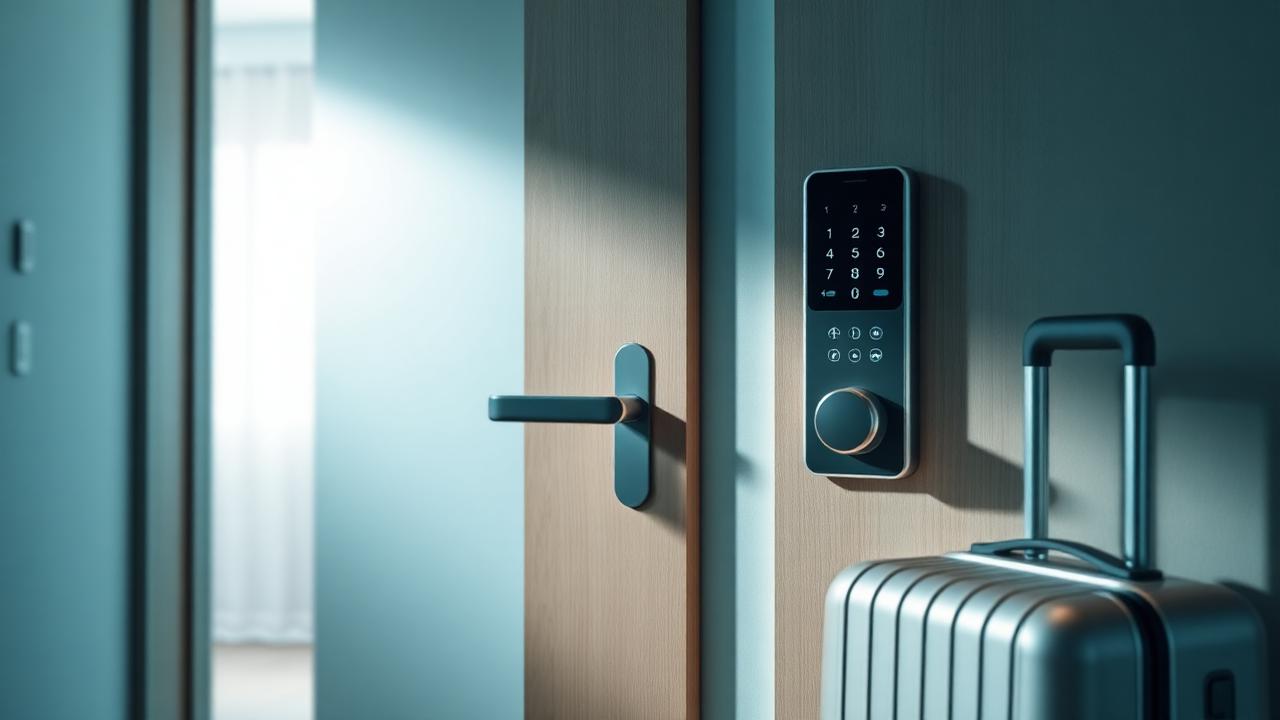 Smart lock keypad on a modern apartment door beside a suitcase